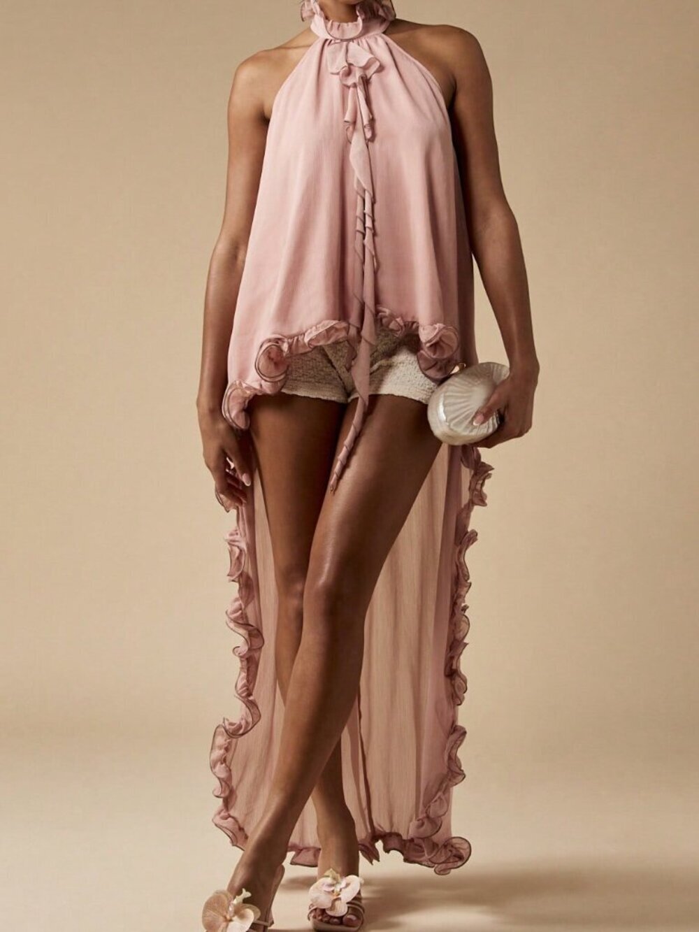 Pink Elegant Women's Chiffon Blouse with Ruffle Trim High-Low Hem